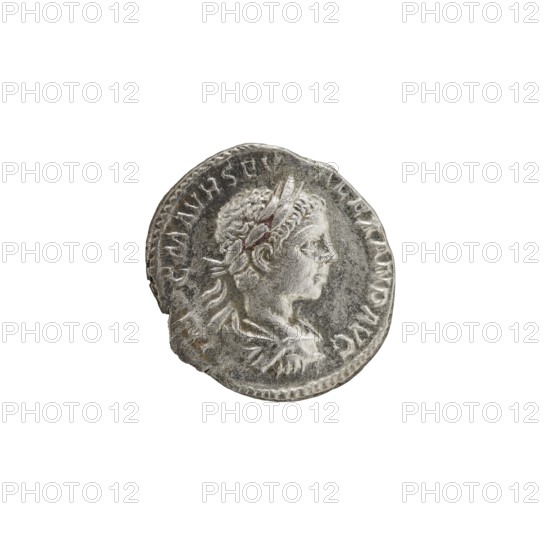 Denarius, Alexander Severus Roman emperor; 222–235 — iconography: Roman deities, Jupiter. Obverse: Bust of Alexander Severus in laurel wreath, armor and paludamentum facing right; pearl rim. Reverse: Jupiter naked in cloak standing facing left, holding a thunderbolt in his right hand and a long scepter in his left; pearl rim. Date: 222. Place of origin: Rome. Medium/function: coin. Dimensions: diameter 17.0–19.5 mm; weight 2.35 g. Inscriptions: Obv. IMPCMAVRSEVALEXANDAVG; Rev. PMTRP COSPP., A worn round metallic object with a raised profile of a person facing right, showing detailed hair and facial features, and a few raised decorative elements around the head; the surface shows textured wear and patina with shades of silver, gray, and darker gray tones, and a small area with brownish discoloration.