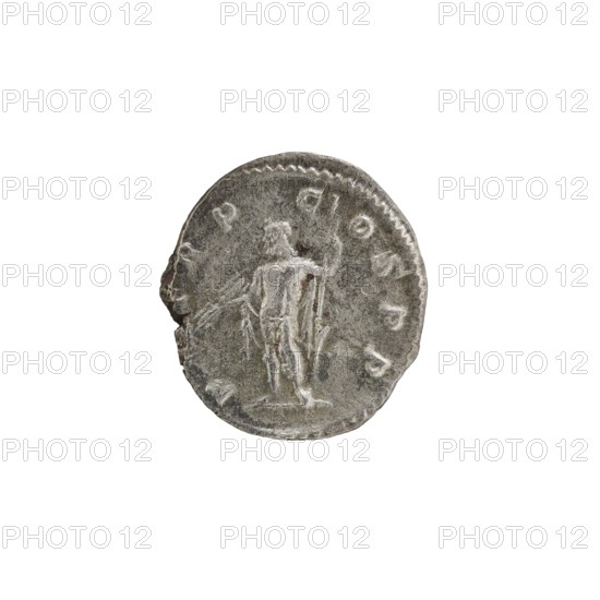 Denarius, Alexander Severus Roman emperor; 222–235 — iconography: Roman deities, Jupiter. Obv.: IMPCMAVRSEVALEXANDAVG. Bust of Alexander Severus in laurel wreath, armor and paludamentum facing right; pearl rim. Rev.: PMTRP COSPP. Jupiter naked in cloak standing straight facing left, holding a thunderbolt in his right hand and a long scepter in his left; pearl rim. Date: 222. Place of origin: Rome, Roman Empire. Medium/function: coin. Diameter: 17.0–19.5 mm. Weight: 2.35 g., A single round coin sits centered on a white background, showing a weathered metallic surface in shades of silver and gray with darker gray patina in places; the coin edge is irregular and slightly worn, and the face displays the faint raised outline of a standing human figure holding a long thin object, with subtle worn textures and shadowed grooves around the figure and along the rim.