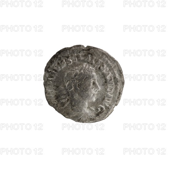 Denarius; Obv.: IMPCMAVRSEVALEXANDAVG — Bust of Alexander Severus with laurel wreath and paludamentum facing right; pearl rim. Rev.: PMTRP COSPP — Jupiter naked in a cloak stands facing left, holding a thunderbolt in his right hand and a long scepter in his left; pearl rim. Date: 222. Roman Empire 27 BC–476. Place of origin: Rome. Medium: coin. Diameter: 18.5–19.0 mm. Weight: 2.01 g., A round, worn coin with an uneven edge featuring the raised profile of a person facing to the right, with visible hair and facial contours, surrounded by a ring of raised markings along the rim; the coin shows a textured, pitted surface and areas of darker and lighter tones in shades of gray and silver.