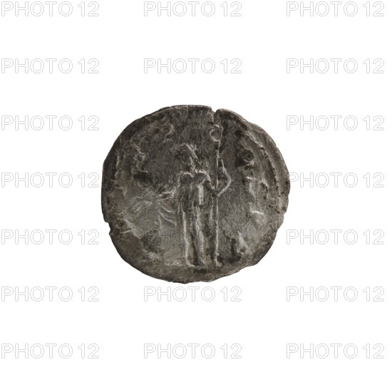 Denarius depicting Jupiter; Roman deities. Obverse: Bust of Alexander Severus emperor 222–235 with laurel wreath and paludamentum facing right, pearl rim; inscription IMPCMAVRSEVALEXANDAVG. Reverse: Jupiter naked in a cloak standing facing left, holding a thunderbolt in his right hand and a long scepter in his left, pearl rim; inscription PMTRP COSPP. Date: 222. Place of origin: Rome. Medium: coin. Diameter: 18.5–19.0 mm. Weight: 2.01 g., A circular, worn metallic object with a rough, textured surface shown against a white background; the object appears predominantly gray with darker and lighter gray variations, and faint raised shapes suggesting two standing figures and vertical elements, with irregular edges and surface scratches.
