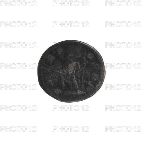 Denarius, Roman deities; Jupiter; Alexander Severus Roman emperor, 222–235 — iconography. Obverse: IMPCMAVRSEVALEXANDAVG. Bust of Alexander Severus with laurel wreath and paludamentum facing right; pearl rim. Reverse: PMTRP COSPP. Jupiter naked in a cloak stands facing left, holding a thunderbolt in his right hand and a long scepter in his left; pearl rim. Date: 222. Place of origin: Rome, Roman Empire 27 BC–476. Coin. Diameter: 17.0–19.0 mm. Weight: 2.60 g., A round, dark gray coin with worn, slightly irregular edges sits centered against a white background; the coin's surface shows a faint raised outline of a standing figure and a few subtle circular marks, with lighter gray scuffs and scratches across the textured dark gray face.