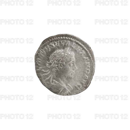Denarius, Alexander Severus Roman emperor; 222–235 — obverse: bust of Alexander Severus with laurel wreath and paludamentum facing right, pearl rim, inscription IMPCMAVRSEVALEXANDAVG; reverse: Libertas stands facing left, holding a pileus in his right hand and a cornucopia in his left, inscription PMTR P C OSPP; 222 CE, Roman Empire, Rome; coin; diameter 18.5–19.0 mm; weight 3.60 g., A circular metallic coin with a worn surface showing a raised profile of a person facing right; the coin has a beaded rim and textured details in the hair and clothing, and appears in shades of silver and gray against a white background.