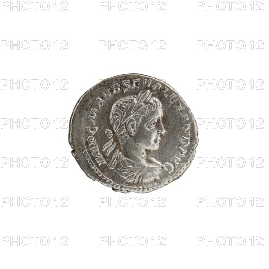 Denarius, Alexander Severus Roman emperor; 222–235 — iconography: Libertas personification, personifications. Obv.: IMPCMAVRSEVALEXANDAVG — Bust of Alexander Severus wearing a laurel wreath, armor, and paludamentum, facing right; pearl border. Rev.: LIBERTASAVG — Libertas standing, head to left, holding a pileus in right hand and a cornucopia in left; pearl border. Date: 222–228. Place of origin: Rome, Roman Empire. Object type: coin. Diameter: 17.5–19.0 mm. Weight: 2.90 g., A round metallic coin with a raised profile of a person facing right, wearing a headband and draped clothing; the coin shows textured, worn surfaces and rim detailing. The visible colors are silver, gray, and hints of darker tarnish.