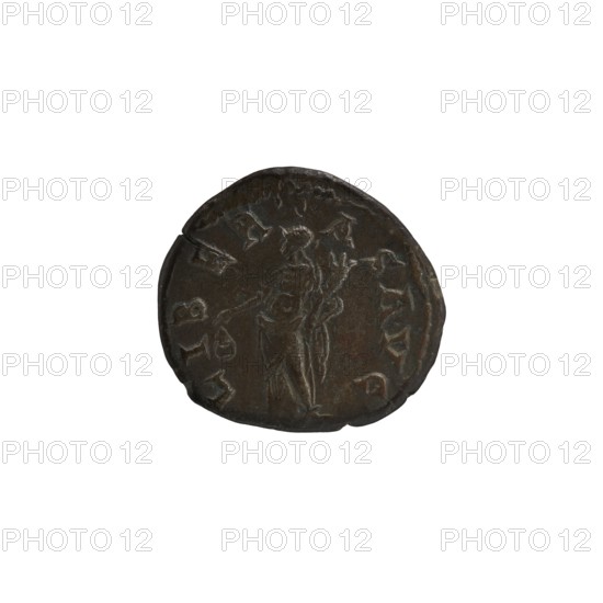denarius, personifications, Alexander Severus Roman emperor; 222–235 - iconography, Libertas personification. Obv.: IMPCMAVRSEVALEXANDAVG. Bust of Alexander Severus with laurel wreath and paludamentum facing right, pearl rim. Rev.: LIBERTASAVG. Libertas stands straight with head to the left, holding a pileus in his right hand and a cornucopia in his left, pearl rim. 222–228, Roman Empire 27 BC–476. coin: diameter 17.5–19.0 mm, weight 2.80 g., A circular dark brown metal coin with areas of lighter brown and gray patina, showing worn raised edges and an embossed central figure standing and facing forward, with a few surrounding raised markings and an irregular rim with a small chip.