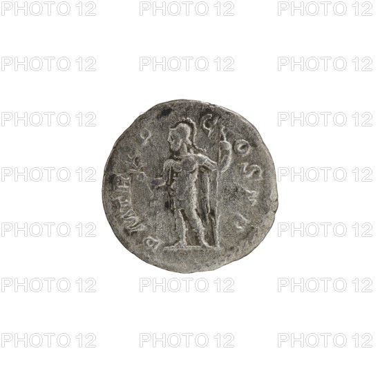 Denarius, Alexander Severus 208–235; Roman emperor 222–235. Obverse: IMPC M AVR SEV ALEXAND AVG — Bust of Alexander Severus with laurel wreath and paludamentum facing right; pearl border. Reverse: PM TR P COS PP — Mars in military dress and helmet standing left, holding a branch in his right hand and leaning his left against a standing spear; pearl border. Roman Empire, Rome, 222. Coin; diameter 19.5 mm; weight 2.22 g., A circular metallic object with a worn, textured surface showing a raised depiction of a standing human figure holding a vertical staff in one hand and a small branchlike item in the other, surrounded by faint raised markings along the edge; the object appears mainly gray and silver with darker gray areas in the recesses and lighter silver highlights on the raised portions, set against a white background.