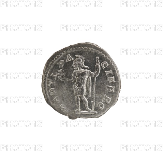 Denarius, Alexander Severus 208–235; Roman emperor 222–235. Obverse: IMPCMAVRSEVALEXANDAVG — Bust of Alexander Severus in laurel wreath, armor and paludamentum facing right; pearl border. Reverse: MARTIPACIFERO — Mars in military dress and helmet standing left, holding a branch in his right hand and resting his left on a standing spear; pearl border. Date: 222–228. Roman Empire 27 BC–476, Rome. Coin; diameter 18.5–19.0 mm; weight 2.80 g., A round metallic coin with a worn silver-gray surface featuring an engraved standing figure in the center holding a staff in one hand and an object in the other, surrounded by a raised scalloped border and a few decorative marks along the edge.