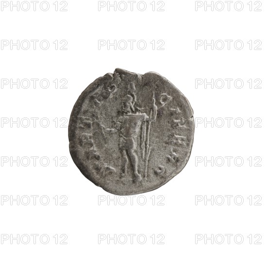 Denarius of Alexander Severus reigned 222–235. Obverse: Bust of Alexander Severus with laurel wreath and paludamentum facing right; inscription IMPCMAVRSEVALEXANDAVG; pearl border. Reverse: Mars in military dress and helmet standing left, holding a branch in his right hand and leaning his left against a standing spear; inscription MARTIPACIFERO; pearl border. Minted Rome, 222–228. Coin; diameter ~17.5–19.0 mm; weight 2.27 g., A round, worn coin with a textured, uneven surface in shades of gray and silver, showing the faint raised outline of a standing human figure in the center holding a long vertical object, with several irregular edges and shallow relief details around the perimeter.
