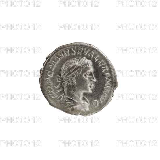 Denarius; personifications; Alexander Severus Roman emperor, 222–235 — iconography: Salus. Obv.: Bust of Alexander Severus with laurel wreath and paludamentum facing right, pearl rim; legend IMPCMAVRSEVALEXANDAVG. Rev.: Salus seated facing left, holding a patera in her right hand feeding a snake coiled around an altar, left hand resting on the backrest; pearl rim; inscription PMTRPCOSPP. Date: 222. Place of origin: Rome. Medium/function: coin. Dimensions: diameter 18.0–19.5 mm; weight 2.57 g., A round metallic coin with a worn, textured surface showing a raised profile of a person facing right, detailed hair tied at the back and a visible ear and neck; the coin has an irregular edge with small nicks and a raised border, and the surface shows variations in sheen and patina in shades of silver, gray, and darker gray.