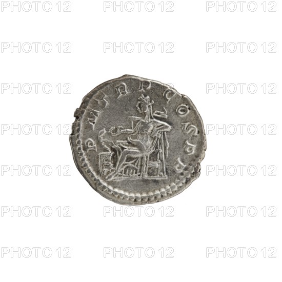 Denarius, Alexander Severus Roman emperor, 222–235 — iconography: Salus personification. Obverse: Bust of Alexander Severus with laurel wreath and paludamentum facing right; pearl rim. Reverse: Salus seated facing left; in his right hand he holds a patera from which he feeds a snake coiled around the altar, his left hand rests on the backrest; pearl rim. Date: 222. Place of origin: Rome. Medium/function: coin. Diameter: 18.0–19.5 mm. Weight: 2.57 g., A round metallic object with a worn, textured surface showing an engraved seated figure on a chair; the figure appears in low relief with visible limbs and draped clothing, and there is a decorative border around the edge. The metal shows shades of silver and gray with darker gray shadows in the recessed areas and lighter silver highlights on raised surfaces. The background is plain and white.