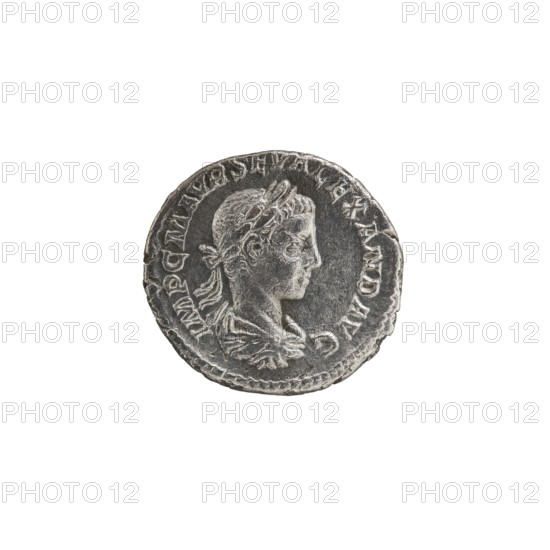Denarius; personifications; Alexander Severus Roman emperor, 222–235 — iconography: Salus personification. Obverse: IMPCMAVRSEVALEXANDAVG. Bust of Alexander Severus with laurel wreath and paludamentum facing right; pearl rim. Reverse: PMTR PCOSPP. Salus seated facing left, holding a patera in her right hand feeding a snake coiled around an altar; left hand rests on the backrest; pearl rim. 222 CE; Roman Empire; mint: Rome. Coin: diameter 18.5–19.0 mm; weight 2.62 g., A round metallic coin with a worn surface showing a profile of a person's head facing right, wearing a laurel wreath and detailed hair and clothing; the coin has raised decorative edges and a ring of raised markings around the portrait; visible colors include silver and gray with darker gray shadows and lighter silver highlights, set against a white background.