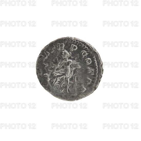 Denarius; personifications; Alexander Severus Roman emperor, 222–235 — iconography: Salus. Obverse: IMPCMAVRSEVALEXANDAVG — Bust of Alexander Severus with laurel wreath and paludamentum facing right; pearl rim. Reverse: PMTR PCOSPP — Salus seated facing left, in his right hand holding a patera feeding a snake coiled around an altar, left hand resting on the backrest; pearl rim. Date: 222. Place of origin: Rome, Roman Empire. Object type: coin. Diameter: 18.5–19.0 mm. Weight: 2.62 g., A round metallic object with a worn, textured surface appears against a white background; the object is predominantly grey with darker and lighter silver tones, showing irregular edges and raised, embossed shapes suggesting a figure-like form in the center with flowing, draped elements and a surrounding ring of faint raised marks; overall the surface shows scratches and indentations and variations of grey and silver.