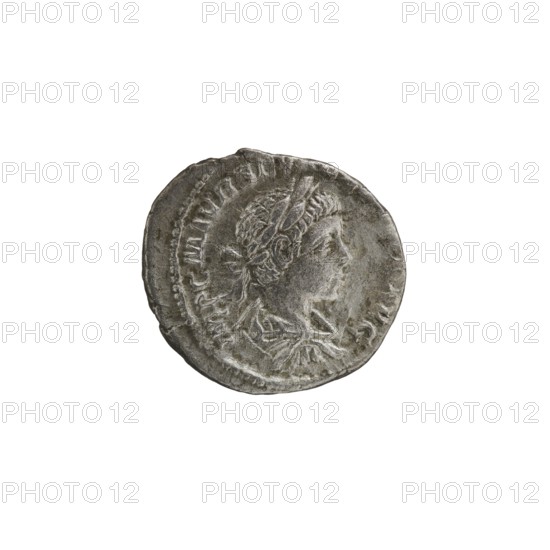 Denarius, Alexander Severus 208–235; Roman emperor 222–235. Obverse: Bust of Alexander Severus in laurel wreath, armor and paludamentum, facing right; legend IMPCMAVRSEVALEXANDAVG; pearl rim. Reverse: SALVSPVBLICA; Salus seated facing left, holding a patera in her right hand from which she feeds a snake coiled around an altar, left hand on the backrest; pearl rim. 222–228. Roman Empire. Rome. Coin; diameter 17.0–19.0 mm; weight 3.19 g., A circular metallic object with a worn, textured surface showing a raised profile of a person facing right, with visible facial features and hair, and decorative elements near the head and shoulders; the object appears mostly gray and silver with darker gray areas and some lighter highlights, set against a plain white background.