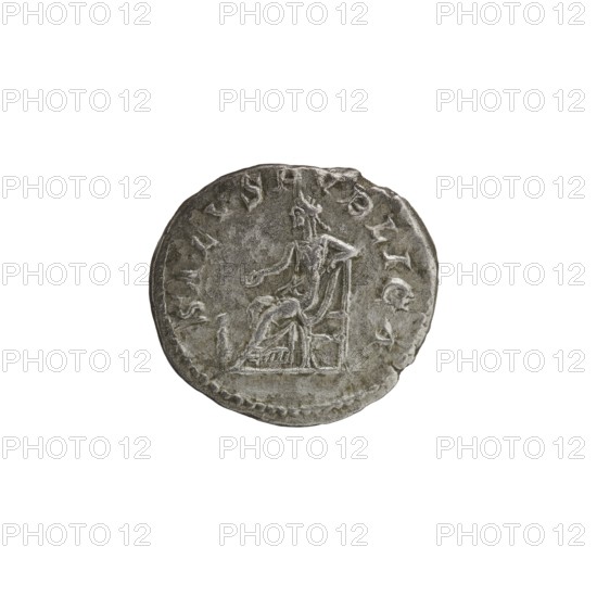 Denarius, Alexander Severus 208–235; Roman emperor 222–235. Obverse: IMPCMAVRSEVALEXANDAVG — Bust of Alexander Severus in laurel wreath, armor and paludamentum, facing right; pearl rim. Reverse: SALVSPVBLICA — Salus seated facing left, holding a patera in her right hand feeding a snake coiled around an altar, left hand on the backrest; pearl rim. 222–228 CE, Rome; silver coin, diameter 17.0–19.0 mm, weight 3.19 g., A circular metallic object with a weathered gray surface showing a raised central design of a seated figure on a chair; the figure appears in profile with one arm extended and the other resting, and the chair has visible vertical and horizontal elements. The coin-like object has an irregular edge and a textured rim, with varied gray tones and subtle darker and lighter areas across its surface. The background is plain white.