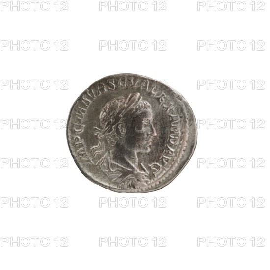 Denarius, Salus personification, Alexander Severus Roman emperor; 222–235 — Obv.: IMPCMAVRSEVALEXANDAVG. Bust of Alexander Severus in laurel wreath, armor and paludamentum facing right, pearl rim. Rev.: SALVSPVBLICA. Salus seated facing left, holding a patera in her right hand feeding a snake coiled around an altar, left hand resting on the backrest, pearl rim. 222–228, Roman Empire; Rome. Coin: dia. 17.5 mm, dia. 19.5 mm, weight 2.27 g., A round metallic coin with a worn surface showing a raised profile of a person facing right wearing a laurel or headband and draped clothing; the coin appears silver-gray with darker gray shading and slight brownish or coppery tones in places, and there is a raised rim and decorative border around the edge.