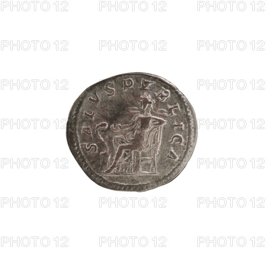 Denarius, Salus personification, Alexander Severus Roman emperor; 222–235 — Obv.: IMPCMAVRSEVALEXANDAVG. Bust of Alexander Severus in laurel wreath, armor and paludamentum facing right, pearl rim. Rev.: SALVSPVBLICA. Salus seated facing left, holding a patera in her right hand from which she feeds a snake coiled around the altar, left hand resting on the backrest, pearl rim. 222–228 CE, Roman Empire; Rome. Coin, diameter 17.5–19.5 mm, weight 2.27 g., A round metallic coin with a worn surface showing a raised depiction of a seated figure on a chair, the figure facing to the right with one arm extended and the other resting, surrounded by an outer rim with raised markings; the coin displays a mix of gray, brown, and dark silver tones with slight greenish and reddish patina in places.