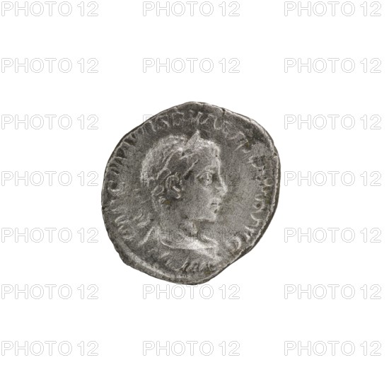 Denarius; personifications; Alexander Severus Roman emperor, 222–235 — iconography: Salus. Obverse: IMPCMAVRSEVALEXANDAVG — Bust of Alexander Severus in laurel wreath, armor and paludamentum facing right, pearl rim. Reverse: SALVS PVBLICA — Salus seated facing left, holding a patera feeding a snake in her right hand, left hand resting on a backrest, pearl rim. 222–228 CE, Roman Empire; Rome. Coin. Diameter 17.0–19.5 mm, weight 3.00 g., A round metallic coin with a worn relief portrait in profile facing right against a plain white background; the coin appears silver-gray with darker gray shadows and lighter gray highlights, showing a raised rim and textured surface, a head with short hair and facial features, and a suggestion of a neck and shoulders, with irregular edges and subtle variations of gray tones across the surface.