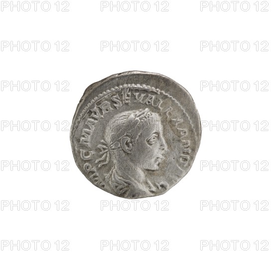 Denarius; obverse: bust of Alexander Severus Roman emperor, 222–235 with laurel wreath and paludamentum facing right, pearl rim, inscription IMPCMAVRSEVALEXANDAVG. Reverse: SALVSPVBLICA; Salus seated facing left, holding a patera in her right hand feeding a snake coiled around an altar, left hand on the backrest, pearl rim. Roman Empire, Rome, 222–228. Coin, diameter 18.5–19.0 mm, weight 3.45 g., A circular metallic object with a worn, uneven edge showing a raised profile of a person's head in relief facing right, with short hair and a tied ribbon at the back, set against a textured background and surrounded by a raised border; the object is mainly silver-gray with darker gray shadows and slight brownish-gray discoloration in some areas.