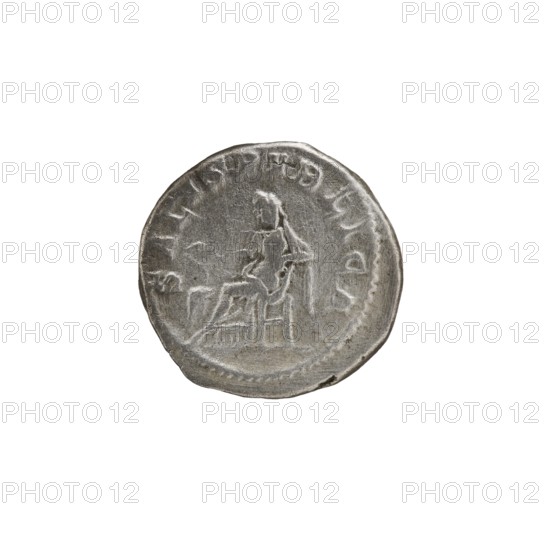 Denarius, personifications, Alexander Severus Roman emperor; 222–235 — iconography: Salus personification. Obverse: IMPCMAVRSEVALEXANDAVG — Bust of Alexander Severus with laurel wreath and paludamentum facing right, pearl rim. Reverse: SALVSPVBLICA — Salus seated facing left, holding a patera in her right hand feeding a snake coiled around an altar, left hand on the backrest, pearl rim. Date: 222–228. Place of origin: Rome. Object type: coin denarius. Diameter: 18.5–19.0 mm. Weight: 3.45 g., A round, worn metallic coin with a dull silver-gray color sits against a white background, showing a raised central depiction of a seated figure facing right on a chair with a draped garment and a faint outline of limbs and backrest, surrounded by a shallow beaded border and several low-relief marks along the rim.
