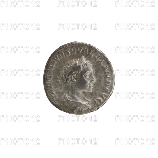 Denarius; personifications; Alexander Severus Roman emperor, 222–235 — iconography: Salus personification. Obverse: IMPCMAVRSEVALEXANDAVG. Bust of Alexander Severus in laurel wreath, armor and paludamentum facing right; pearl rim. Reverse: SALVSPVBLICA. Salus seated facing left, holding a patera in her right hand feeding a snake coiled around an altar; left hand rests on the backrest; pearl rim. Date: 222–228. Roman Empire. Mint: Rome. Coin; diameter 18.5–19.0 mm; weight 3.05 g., A round metallic coin with a worn surface showing a raised profile of a person's head facing right, surrounded by a raised rim and a band of small decorative marks; the coin appears in shades of gray and silver with darker gray shadows in recessed areas and slightly lighter highlights on raised features, set against a plain white background.
