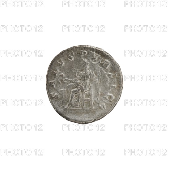 Denarius; personifications; Alexander Severus Roman emperor, 222–235 — iconography: Salus. Obverse: IMPCMAVRSEVALEXANDAVG. Bust of Alexander Severus in laurel wreath, armor and paludamentum facing right; beaded rim. Reverse: SALVSPVBLICA. Salus seated facing left, holding a patera in her right hand feeding a snake coiled around an altar, left hand on the backrest; beaded rim. Date: 222–228. Roman Empire 27 BC–476. Mint: Rome. Coin. Diameter: 18.5–19.0 mm. Weight: 3.05 g., A circular metallic object with a worn, uneven surface and raised, shallow relief showing a seated figure and a standing figure, both with draped clothing; the object appears silver-gray with darker gray shadows and lighter gray highlights, and shows a rough textured edge and subtle surface scratches.
