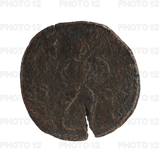 Sestertius of Alexander Severus reigned 222–235. Obverse: Bust of Alexander Severus wearing a laurel wreath, armor and paludamentum, facing right; legend IMPCMAVRSEVALEXANDAVG; pearl border. Reverse: SALVS PVBLICA with SC in the exergue; Salus seated facing left, holding a patera feeding a snake coiled on an altar, left hand on the backrest; pearl border. Bronze coin, 231–235 CE, Rome; diameter ~29–30 mm, weight 14.86 g., A round, flat object with a rough, textured surface showing a few irregular indentations and raised areas, primarily dark brown with patches of reddish-brown and hints of black; the edge is uneven and worn, and there is a visible split near the bottom edge creating a small gap.