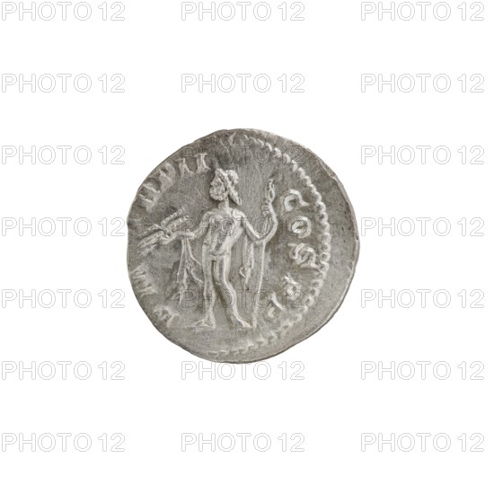 Denarius, Roman deities, Alexander Severus Roman emperor; 222–235 — iconography: Jupiter. Obv.: IMPCMAVRSEVALEXANDAVG. Bust of Alexander Severus with laurel wreath and paludamentum facing right; pearl rim. Rev.: PM TRPII COSPP. Jupiter naked in a cloak stands facing left, holding a thunderbolt in his right hand and a long scepter in his left; pearl rim. 223. Roman Empire 27 BC–476. Rome. Coin; diameter 18.5–19.0 mm; weight 2.22 g., A round coin with a worn relief of a standing human figure at its center, holding objects in both hands; the figure appears nude with some draped details and a head facing sideways. The coin surface shows raised edges and a beaded border around part of the rim, with scattered irregularities and wear. The visible colors are shades of gray and silver on a white background.