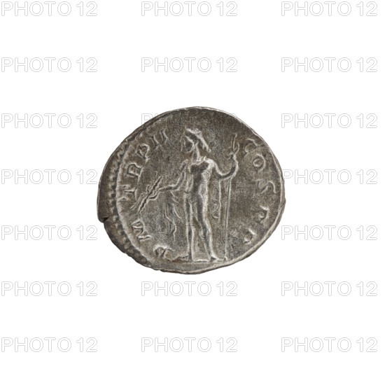 Denarius, Roman deities, Jupiter; Alexander Severus Roman emperor, 222–235 — iconography. Obv.: IMPCMAVRSEVALEXANDAVG. Bust of Alexander Severus with laurel wreath and paludamentum facing right, pearl rim. Rev.: PM TRPII COSPP. Jupiter naked in a cloak stands facing left, holding a thunderbolt in his right hand and a long scepter in his left, pearl rim. 223. Roman Empire 27 BC–476. Rome. Coin; diameter 17.0–19.5 mm; weight 3.02 g., A round metallic coin with a worn surface showing a raised figure of a standing person holding a long staff in one hand and a smaller object in the other, surrounded by a ring of faint raised marks around the edge; the coin appears in shades of gray and silver with darker gray areas in the recessed portions and some lighter silver highlights on the raised details.