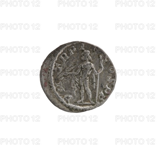 Denarius, Roman deities; Jupiter; Alexander Severus Roman emperor, 222–235 — iconography. Obverse: IMPCMAVRSEVALEXANDAVG. Bust of Alexander Severus with laurel wreath and paludamentum facing right; pearl rim. Reverse: PM TRPII COSPP. Jupiter naked in a cloak stands facing left, holding a thunderbolt in his right hand and a long scepter in his left; pearl rim. 223 CE. Roman Empire. Rome. Coin; diameter 17.5–19.0 mm; weight 1.80 g., A round metallic object with a worn surface showing an embossed standing human figure holding a long staff in one hand and reaching outward with the other, surrounded by a raised rim and faint circular patterns; the object displays a weathered combination of gray, silver, dark gray, and small patches of muted reddish discoloration.