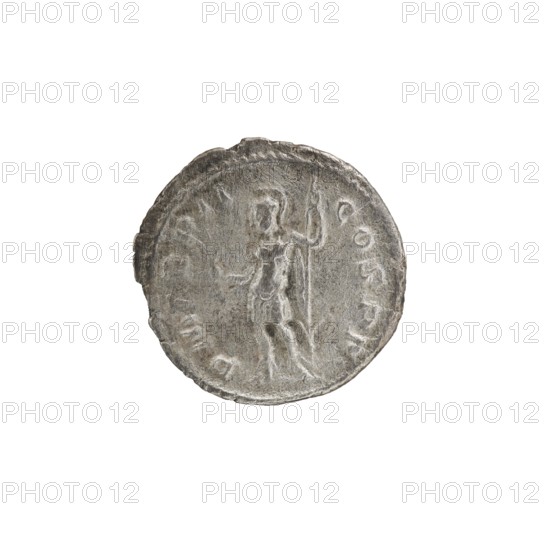 Denarius, Alexander Severus 208–235; Roman emperor 222–235. Obverse: Bust of Alexander Severus with laurel wreath and paludamentum facing right; legend IMPCMAVRSEVALEXANDAVG; pearl border. Reverse: Mars in military dress and helmet standing left, holding a branch in his right hand and leaning his left against a standing spear; legend PMTRPII COSPP; pearl border. Dated 223. Coin Roman Empire, mint Rome. Diameter ~19.0–19.5 mm; weight 2.55 g., A round metallic object with a worn, textured surface showing a raised central figure of a person standing and holding a long vertical staff; the object appears in shades of gray and silver with darker gray areas in the recessed details and slight worn highlights; the figure has a visible head and limbs and wears a draped garment; the circular edge is irregular and shows chips and roughness; the background around the object is plain white.