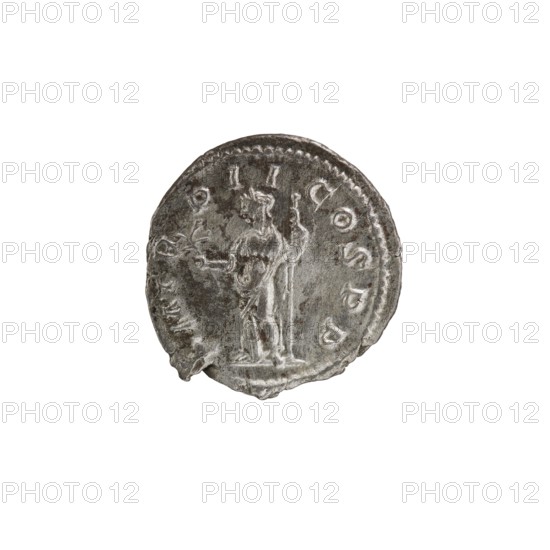 Denarius, Alexander Severus 208–235; Roman emperor 222–235. Obverse: IMPCMAVRSEVALEXANDAVG — Bust of Alexander Severus with laurel wreath and paludamentum facing right; pearl rim. Reverse: PMTRPII COSPP — Pax standing left, holding an olive branch in her right hand and a scepter in her left; pearl rim. 223 CE. Roman Empire; mint: Rome. Coin. Diameter 18.5–19.0 mm; weight 2.83 g., A circular metallic object with a worn, textured surface showing a raised figure of a standing person holding an upright staff in one hand and a shallow object in the other, surrounded by a border of raised dots and a band of irregular raised shapes; the object appears aged with uneven edges and surface scratches, displaying shades of silver, gray, and darker tarnished gray.