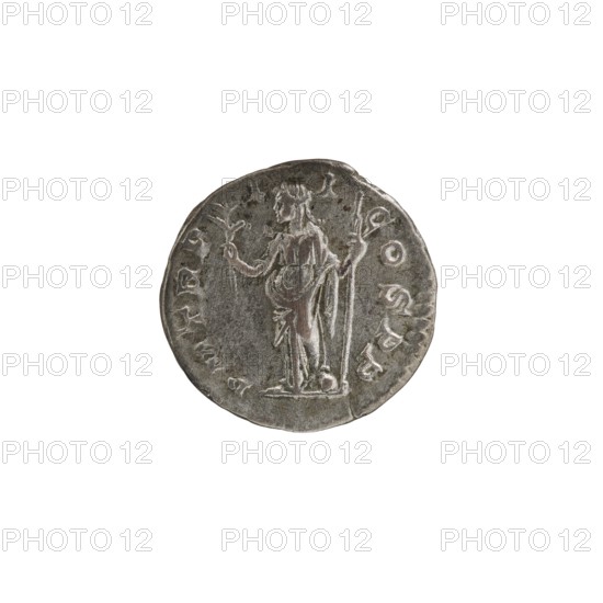 Denarius, Alexander Severus 208–235; Roman emperor 222–235. Obverse: Bust of Alexander Severus with laurel wreath and paludamentum facing right; pearl rim; inscription IMPCMAVRSEVALEXANDAVG. Reverse: Pax standing left, holding an olive branch in her right hand and a scepter in her left; pearl rim; inscription PMTRPI I COSPP. 223 CE. Roman imperial coin; mint: Rome. Coin; diameter 18.0 mm; weight 3.11 g., A round metallic object with a worn surface showing a raised design of a standing human figure holding a long staff and a small object, surrounded by a ring of raised markings; the object displays various shades of gray and silver with darker gray areas and slight brownish spots, and the background is plain white.