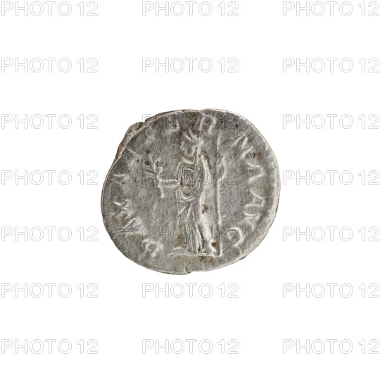 Denarius of Alexander Severus reigned 222–235. Obverse: Bust of Alexander Severus with laurel wreath and paludamentum facing right; inscription IMPCMAVRSEVALEXANDAVG; pearl border. Reverse: Pax standing left, holding an olive branch in her right hand and a scepter in her left; inscription PAXAETERNAAVG; pearl border. Roman Empire, 222–228. Coin: diameter ~17.5–19.5 mm, weight 2.74 g., A round metallic object with a worn, textured surface showing a raised, shallowly engraved figure of a standing person holding a long vertical rod and a small horizontal element; the object appears mostly silver-gray with darker gray patina and a few small brownish spots, and the background is plain white.
