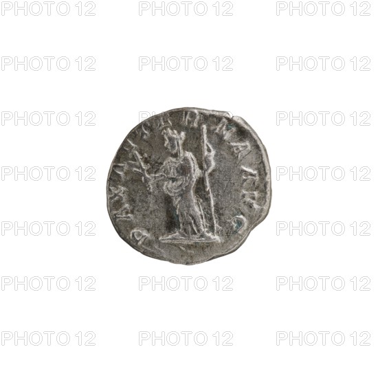 Denarius, Alexander Severus 208–235; Roman emperor 222–235. Obverse: Bust of Alexander Severus with laurel wreath and paludamentum facing right; legend IMPCMAVRSEVALEXANDAVG; pearl rim. Reverse: Pax standing left, holding an olive branch in her right hand and a scepter in her left; legend PAXAETERNAAVG; pearl rim. Dated 222–228. Roman Empire. Mint: Rome. Coin; diameter ~16.5–17.5 mm; weight 2.42 g., A round metallic object with a worn surface showing a standing human figure holding a staff and a small object, surrounded by uneven raised edges and faint decorative marks; the object appears in shades of silver and gray with small areas of greenish-blue patina.