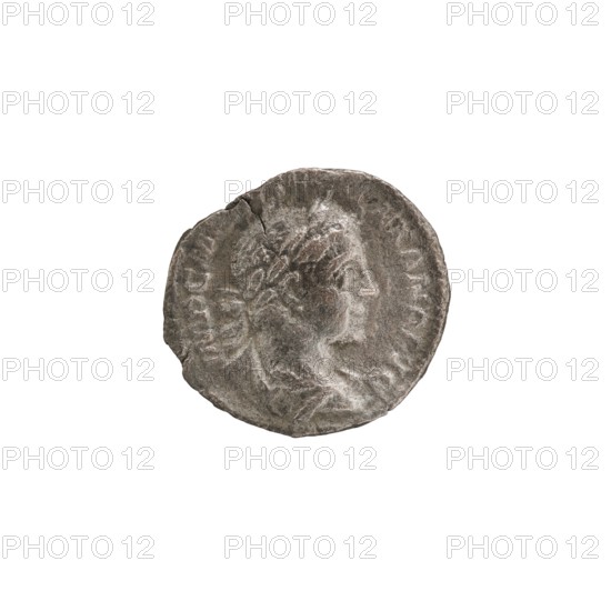 Denarius, Alexander Severus 208–235; Roman emperor 222–235. Obverse: Bust of Alexander Severus in laurel wreath, armor and paludamentum facing right, pearl border; inscription IMPCMAVRSEVALEXANDAVG. Reverse: Pax standing left, holding an olive branch in her right hand and a scepter in her left, pearl border; inscription PMTRP...COSPP. Dated 223. Roman Imperial coin, struck in Rome. Diameter approx. 17.5–19.0 mm; weight 3.00 g., A single round, worn metallic coin with an uneven edge showing a raised profile of a person in relief; the coin surface is textured with areas of smooth wear and small scratches, and the visible colors are shades of gray, silver, and darker gunmetal tones.