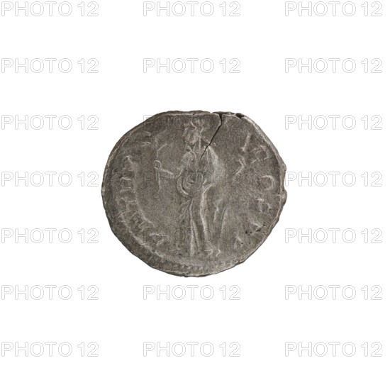 Denarius, Alexander Severus 208–235; Roman emperor 222–235. Obverse: Bust of Alexander Severus in laurel wreath, armor and paludamentum facing right; pearl border; inscription IMPCMAVRSEVALEXANDAVG. Reverse: Pax standing left, holding an olive branch in her right hand and a scepter in her left; pearl border; inscription PMTRP...COSPP. Date: 223. Place: Rome, Roman Empire. Coin; diameter 17.5–19.0 mm; weight 3.00 g., A round, worn object with a textured gray surface sits against a white background; the object has an uneven edge and a visible crack near the top, and its surface shows a faint, raised depiction of a standing humanlike figure holding a small round object in one hand and draped in long garments, with subtle variations of darker and lighter gray across the surface.