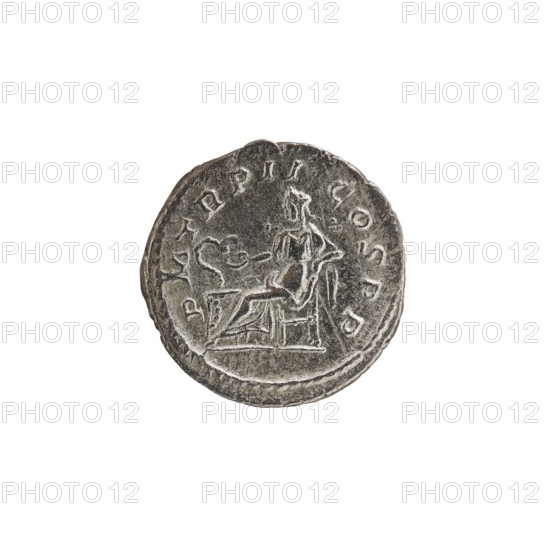 Denarius; personifications; Alexander Severus Roman emperor, 222–235 — iconography: Salus. Obverse: IMPCMAVRSEVALEXANDAVG — Bust of Alexander Severus with laurel wreath and paludamentum facing right, pearl rim. Reverse: PMTRPII COSPP — Salus sits on a throne facing left, in his right hand she holds a patera feeding a snake coiled around the altar, left elbow resting on the back of the throne, pearl rim. Date: 223, Rome; Roman Empire 27 BC–476. Coin; diameter ~17.0–17.5 mm; weight 2.70 g., A circular metallic object with a textured, worn surface showing a raised design of a seated human figure on a chair, a raised outline around the rim, and a decorative curved element near the figure; colors visible include shades of gray, silver, and darker gray areas, with subtle variations creating highlights and shadows.