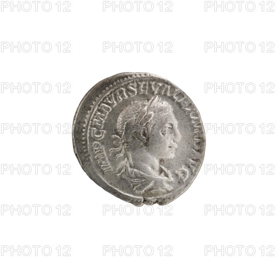 Denarius, personifications, Alexander Severus Roman emperor; 222–235 — iconography: Salus. Obverse: IMPCMAVRSEVALEXANDAVG. Bust of Alexander Severus wearing a laurel wreath, armor, and paludamentum facing right; pearl rim. Reverse: PMTRPII COSPP. Salus seated on a throne facing left, holding a patera in her right hand feeding a snake coiled around the altar, left elbow resting on the back of the throne; pearl rim. Date: 222. Roman Empire. Rome mint. Coin; diameter 17.5–19.0 mm; weight 2.70 g., A round metallic coin with a worn surface showing a raised profile of a person facing right wearing a laurel or similar headpiece and draped clothing, surrounded by a raised border and decorative edge; the coin appears silver-gray with darker gray toning in crevices and lighter silver highlights on raised areas, set against a plain white background.