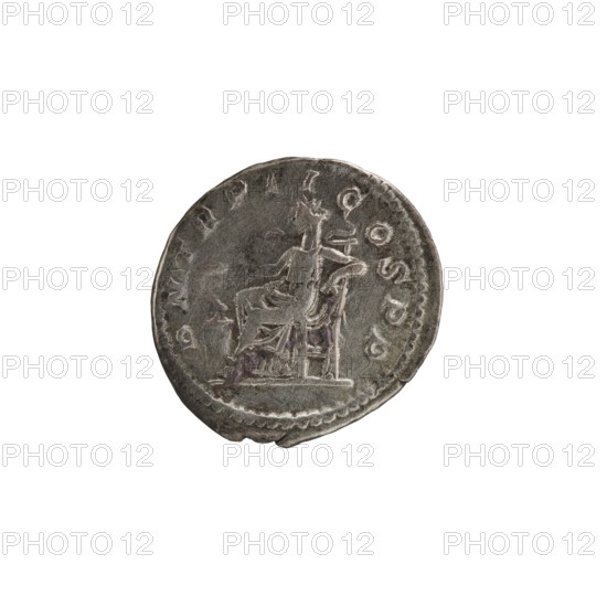 Denarius, personifications, Alexander Severus Roman emperor; 222–235 - iconography, Salus personification. Obverse: IMPCMAVRSEVALEXANDAVG. Bust of Alexander Severus wearing a laurel wreath, armor, and paludamentum, facing right; pearl rim. Reverse: PMTRPII COSPP. Salus seated on a throne facing left, holding a patera in her right hand feeding a snake coiled around the altar, left elbow resting on the back of the throne; pearl rim. 222. Roman Empire 27 BC–476, Rome; coin. Diameter: 17.5–19.0 mm; weight: 2.70 g., A round, worn coin with a metallic gray surface showing a seated figure on a throne, the figure facing right with draped clothing and one arm resting on the back of the seat; the coin edge is slightly irregular with a faint raised rim and some small dents; visible colors include shades of gray, silver, and darker gray patina.