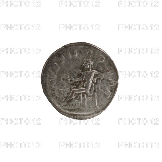 Denarius, personifications, Alexander Severus Roman emperor; 222–235 — iconography: Salus. Obv.: IMPCMAVRSEVALEXANDAVG. Bust of Alexander Severus with laurel wreath and paludamentum facing right; pearl rim. Rev.: PMTRPII COSPP. Salus seated on a throne facing left, in his right hand holding a patera from which she feeds a snake coiled around the altar; left elbow rests on the back of the throne; pearl rim. Date: 222. Place of origin: Rome, Roman Empire 27 BC–476. Coin; diameter ~19.0–19.5 mm; weight 3.60 g., A round metallic object with a worn surface showing a raised profile of a seated human figure; the object appears primarily in shades of gray and dark silver with areas of lighter silver highlights and subtle brownish-gray patina; the figure seems to be resting on a raised platform and one arm is extended while the other is bent, and there are faint circular ridges and irregularities along the edge of the object.