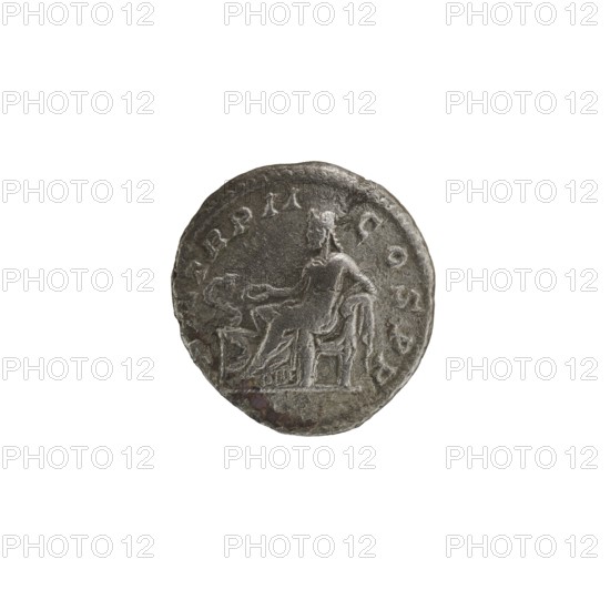 Denarius, personifications, Alexander Severus Roman emperor; 222–235 — iconography: Salus personification. Obverse: Bust of Alexander Severus with laurel wreath and paludamentum facing right; pearl rim. Inscription: IMPCMAVRSEVALEXANDAVG. Reverse: Salus sits on a throne facing left; in her right hand she holds a patera feeding a snake coiled around the altar, her left elbow rests on the back of the throne; pearl rim. Inscription: PMTRPII COSPP. Date: 222. Place of origin: Rome, Roman Empire 27 BC–476. Object type: coin denarius. Diameter: 17.0–18.0 mm. Weight: 2.68 g., A round worn coin with a textured, uneven surface in shades of gray and dark silver; the coin shows a seated figure in profile on a raised platform, draped clothing suggested by carved lines, with an arm extended toward a smaller indistinct shape nearby; the coin edge is irregular and slightly darker in places, and there are areas of subtle brownish discoloration along the lower rim.