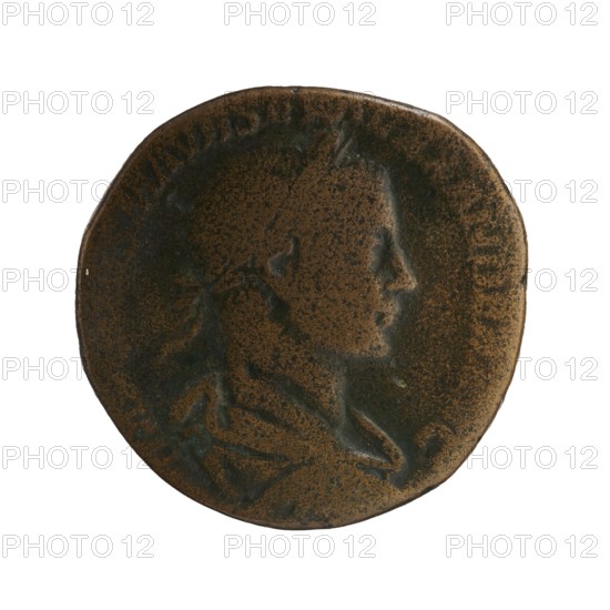 Sestertius, Roman deities, Alexander Severus Roman emperor; 222–235 — iconography: Pax personification. Obverse: IMP CAES MAVR SEV ALEXANDER AVG — Bust of Alexander Severus with laurel wreath and paludamentum facing right. Reverse: PONTIF MAX TR P II COS PP; in the SC section — Pax sits on a throne facing left, olive branch in right hand, scepter in left hand. Date: 223. Roman Empire 27 BC–476, Rome. Coin; diameter ~29.0–29.5 mm; weight 20.10 g., A worn round metal object with a raised profile of a person's head in right-facing view, showing textured surfaces and worn edges; the object displays mottled brown and dark greenish tones with areas of lighter brown highlights and dark shadows, and the background around the object is white.