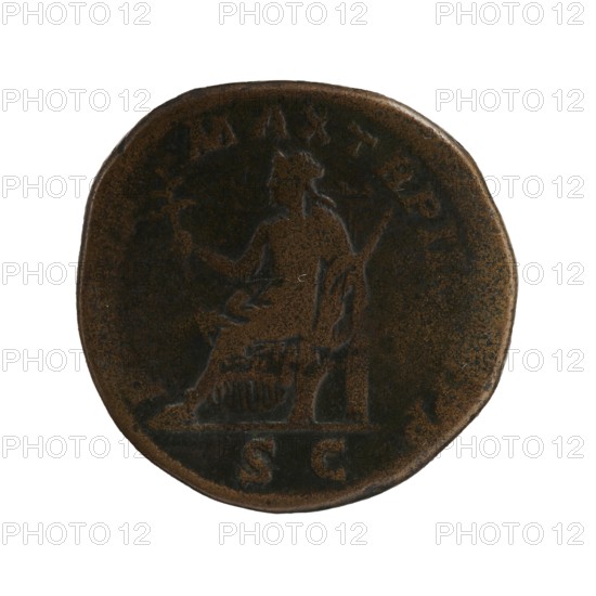 Sestertius, Roman Empire 27 BC–476, 223. Obverse: IMP CAES MAVR SEV ALEXANDER AVG — Bust of Alexander Severus with laurel wreath and paludamentum facing right. Reverse: PONTIFMAXTRP IICOSP P P; Pax sits on a throne facing left, olive branch in right hand, scepter in left hand. Bronze coin, diameter ~29.0–29.5 mm, weight 20.10 g., A round, worn coin with dark brown and black tones showing a seated figure in low relief holding an object, with a suggestion of drapery and a raised rim.