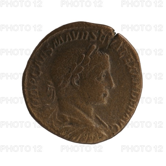 Sestertius, personifications, Alexander Severus Roman Emperor; 222–235 — iconography: Providentia. Obverse: IMPCAESMAVRSEVALEXANDERAVG. Bust of Alexander Severus wearing a laurel wreath, armor and paludamentum facing right; pearl surround. Reverse: PONTIFMAXTRPIICOSPP; in the section SC. Providentia stands upright, head turned left, holding a baton in her right hand and, with her left hand leaning against a column, a cornucopia; at her feet on the left a sphere; pearl surround. 223 CE, Roman Empire; Rome. Coin sestertius: diameter approx. 28.5–29.0 mm, weight 19.60 g., A round, worn coin with a brown, aged surface showing a raised profile of a person's head facing right, a laurel or band across the hair, an uneven rim, and some small nicks and surface irregularities; the background around the coin is white, and the visible colors are shades of brown with slightly darker and lighter brown areas.