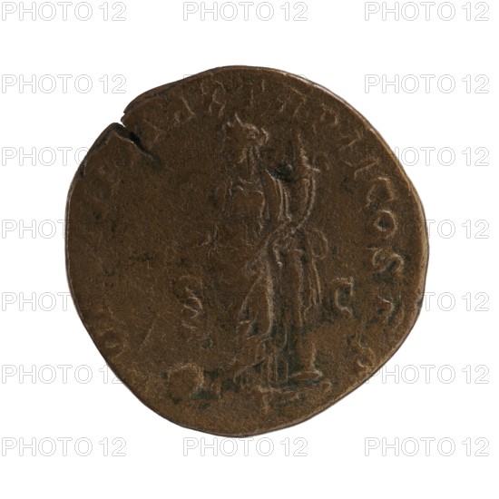 sestertius, personifications, Alexander Severus Roman Emperor; 222–235 — iconography: Providentia. Obv.: IMP CAES MAVR SEV ALEXANDER AVG — Bust of Alexander Severus wearing a laurel wreath, armor and paludamentum, facing right; pearl surround. Rev.: PONTIF MAX TR P II COS PP; in the section SC — Providentia stands upright, head turned left, holding a baton in her right hand and a cornucopia leaning against a column in her left; at her feet a sphere; pearl surround. 223 CE, Roman Empire; Rome; coin; diameter 28.5–29.0 mm; weight 19.60 g., A round, worn coin with a brown, mottled surface and darker brown-green spots, showing a standing human figure in low relief near the center with indistinct details; the coin edge is irregular with a visible nick on one side and a shallow rim around the perimeter; the background is plain white.