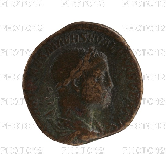 Sestertius, personifications, Alexander Severus Roman Emperor; 222–235 — iconography: Securitas personification. Obverse: IMPCAESMAVRSEVALEXANDERAVG. Bust of Alexander Severus with laurel wreath and paludamentum facing right; pearl rim. Reverse: PONTIFMAXTRPIICOSPP; in exergue SC. Securitas seated left, holding a sceptre in his right hand, supporting his head with his left hand, left elbow resting on the back of the throne; on the left a burning altar; pearl rim. Date: 223. Roman Empire. Rome. Coin; diameter 28.5–30.0 mm; weight 20.12 g., A round, worn metal coin with a raised profile of a person's head facing right, showing short hair and a laurel-like band; the coin surface is mottled with dark brown, greenish, and coppery tones and has an uneven, slightly irregular edge.