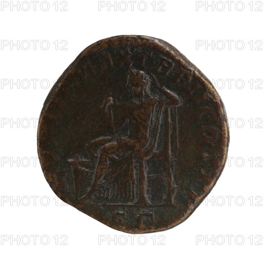 Sestertius, personifications, Alexander Severus Roman Emperor; 222–235 — iconography: Securitas. Obverse: IMPCAESMAVRSEVALEXANDERAVG. Bust of Alexander Severus with laurel wreath and paludamentum facing right; pearl rim. Reverse: PONTIFMAXTRPIICOSPP; in episode SC. Securitas seated left, holding a sceptre in his right hand and supporting his head with his left, left elbow resting on the back of the throne; on the left side a burning altar; pearl rim. 223 CE, Roman Empire. Coin; diameter ~28.5–30.0 mm; weight 20.12 g., A round, worn metal disk with a dark brown and greenish patina showing a slightly irregular edge and surface; a faint relief of a seated human figure facing left is visible with draped clothing and a raised arm, and a few areas show lighter brown highlights where the metal is more exposed.