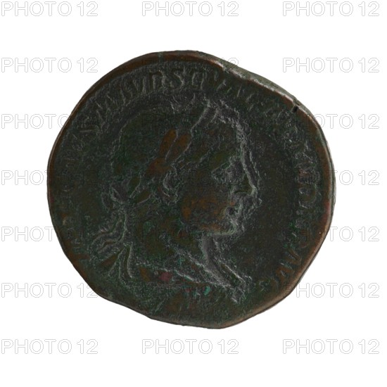 Sestertius; personifications; Alexander Severus Roman Emperor, 222–235 — iconography: Securitas. Obverse: IMPCAESMAVRSEVALEXANDERAVG — Bust of Alexander Severus in laurel wreath, armor and paludamentum facing right, pearl border. Reverse: PONTIFMAXTRPIICOS..; in the exergue SC — Securitas seated left, holding a sceptre in his right hand, holding his head with his left hand, left elbow resting on the back of the throne, with a burning altar to left, pearl border. Date: 223. Place of origin: Rome, Roman Empire 27 BC–476. Object type: coin sestertius. Dimensions: diameter 27.5–29.0 mm; weight 19.87 g., A round, worn coin with an uneven edge showing a raised profile of a person's head in relief, the surface displaying areas of dark brown, green, and hints of reddish-brown patina, with textured, corroded patches and subtle highlights on the raised features.