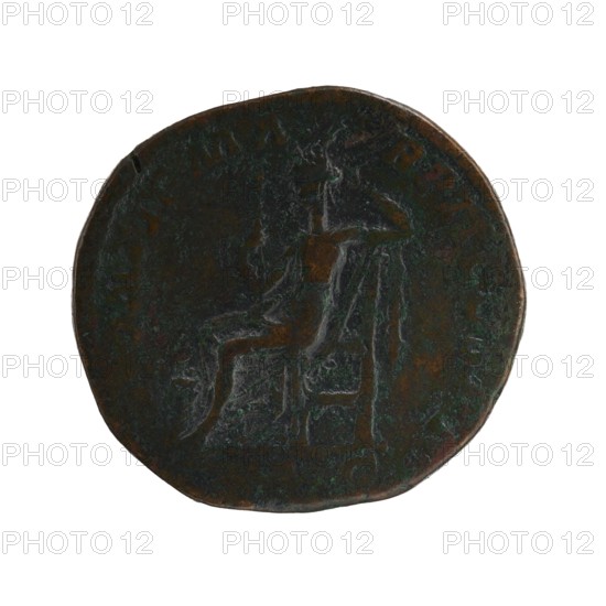 Sestertius; personifications; Alexander Severus Roman Emperor, 222–235 — iconography: Securitas. Obverse: IMP CAES M AVR SEV A ALEXANDER AVG. Bust of Alexander Severus in laurel wreath, armor and paludamentum facing right; pearl border. Reverse: PONTIF MAX TR P II COS ..; in exergue SC. Securitas seated left, holding a sceptre in his right hand and supporting his head with his left hand, left elbow resting on the back of the throne; to left a burning altar; pearl border. 223 CE. Roman Empire; Rome. Coin; diameter 27.5–29.0 mm; weight 19.87 g., A round, worn coin with a dark patina showing shades of brown, green, and black; the surface has uneven texture and faint raised relief depicting a seated human figure facing right on a chair or throne, with visible contours of a head, torso, and legs and draped clothing; the coin edge is irregular and slightly raised, and there are areas of lighter brown where metal shows through the darker greenish-black corrosion.