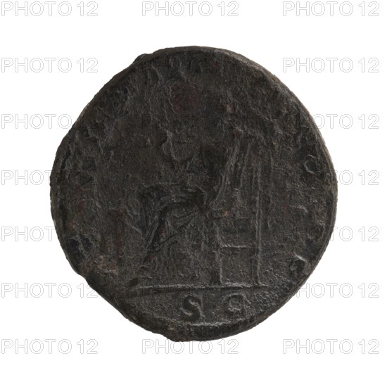 Sestertius; personifications; Alexander Severus Roman Emperor, 222–235 — iconography: Securitas. Obv.: IMPCAESMAVRSEVALEXANDERAVG. Bust of Alexander Severus in laurel wreath, armor and paludamentum facing right; pearl border. Rev.: PONTIFMAXTRPIICOSPP; in episode SC. Securitas seated left, holding a sceptre in his right hand, supporting his head with his left hand, left elbow resting on the back of the throne; burning altar at left; pearl border. 223 CE, Roman Empire; Rome. Coin; diameter 29.5–30.0 mm; weight 23.20 g., A round, worn dark brown to black object with a roughly textured surface and uneven edges, showing the faint outline of a seated figure and a vertical element beside them, with subtle areas of reddish-brown patina and lighter gray highlights on the raised details.