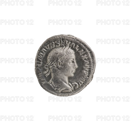 Denarius depicting Roman deities and Alexander Severus Roman emperor, 222–235. Obverse: IMPCMAVRSEVALEXANDAVG — Bust of Alexander Severus right with laurel wreath and paludamentum, pearl rim. Reverse: PMTRPIII COSPP — Naked Jupiter in a cloak stands facing, head turned left, holding a thunderbolt in his right hand and a spear in his left, pearl rim. Dated 224. Roman Empire 27 BC–476, minted in Rome. Coin; diameter ~18–19 mm, weight 3.36 g.